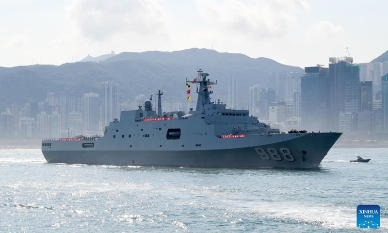 Chinese People's Liberation Army (PLA) Navy ship Yimengshan passes by Victoria Harbor in Hong Kong, south China, on Sept. 30, 2025.