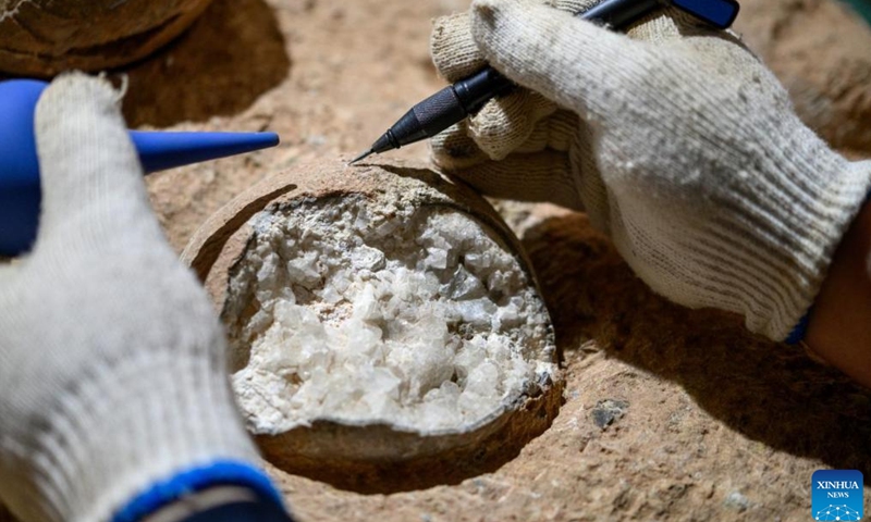 A researcher conducts sampling on a dinosaur egg fossil at the Qinglong Mountain site in Shiyan City, central China's Hubei Province, May 2024. (Hubei Institute of Geosciences in China/Handout via Xinhua)