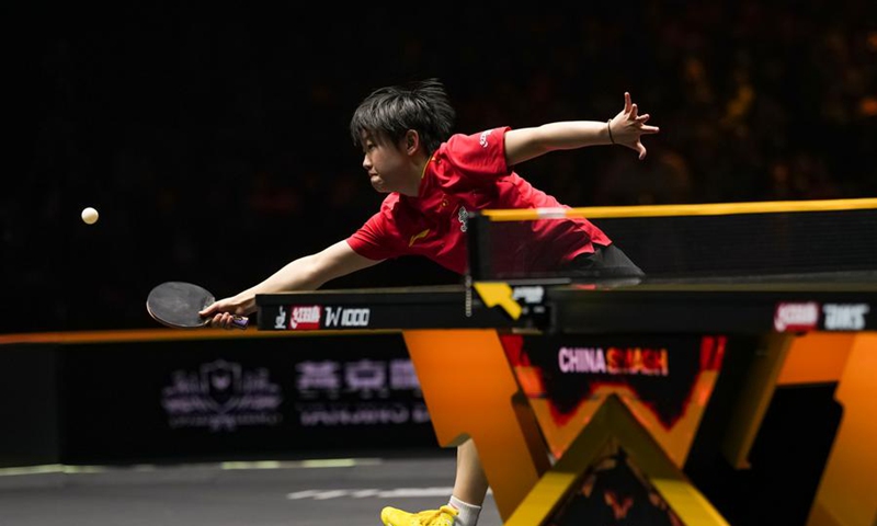 Sun Yingsha hits a return during the women's singles semifinal match between Sun Yingsha of China and Chen Xingtong of China at 2025 World Table Tennis (WTT) China Smash in Beijing, China, Oct. 4, 2025. (Xinhua/Sun Fei)