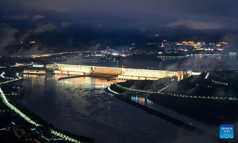An aerial drone photo taken on Oct. 3, 2025 shows a view of the Three Gorges Dam in Yichang of central China's Hubei Province. (Xinhua/Chen Yehua)