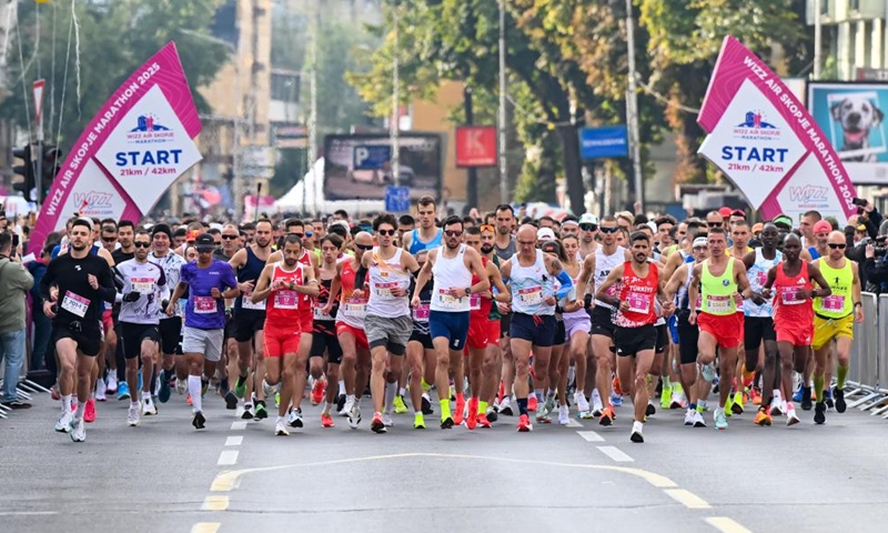 Participants compete during Skopje Marathon in Skopje, North Macedonia, Oct. 5, 2025. Photo: Xinhua