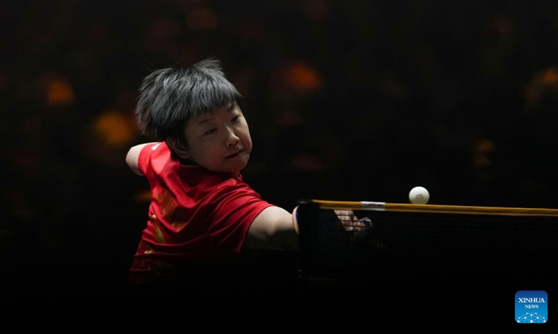 Sun Yingsha hits a return during the women's singles final match between Sun Yingsha of China and Wang Manyu of China at 2025 World Table Tennis (WTT) China Smash in Beijing, China, Oct. 5, 2025. (Xinhua/Sun Fei)