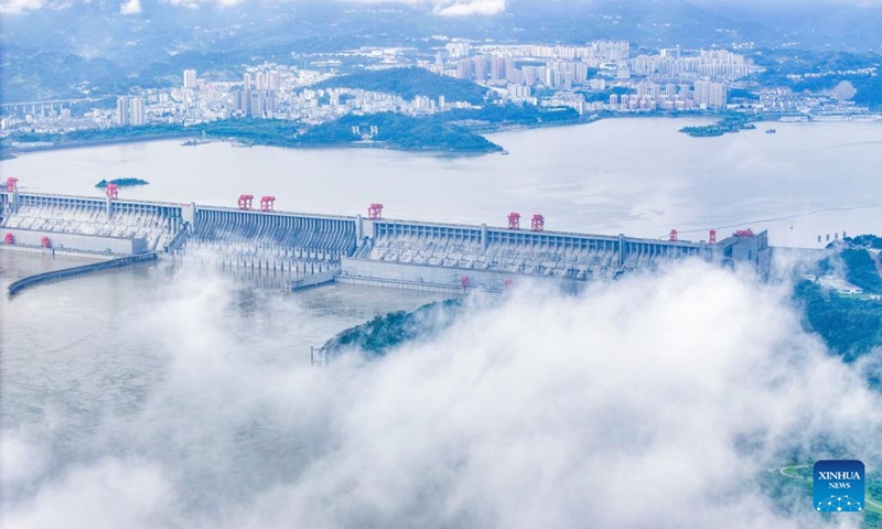 An aerial drone photo taken on Oct. 4, 2025 shows a view of the Three Gorges Dam in Yichang of central China's Hubei Province. (Xinhua/Chen Yehua)