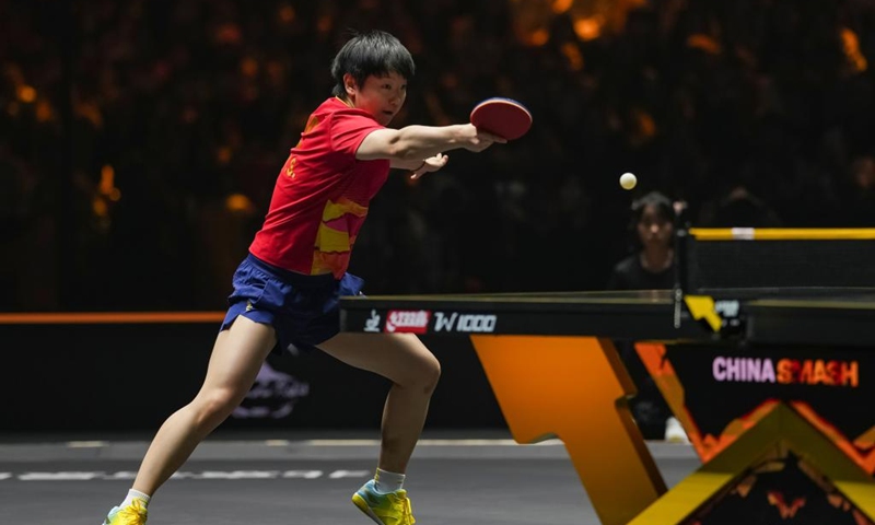 Sun Yingsha hits a return during the women's singles final match between Sun Yingsha of China and Wang Manyu of China at 2025 World Table Tennis (WTT) China Smash in Beijing, China, Oct. 5, 2025. (Xinhua/Sun Fei)