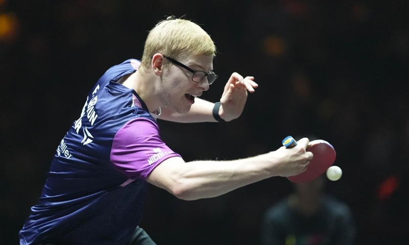 Felix Lebrun hits a return during the men's singles semifinal match between Lin Shidong of China and Felix Lebrun of France at 2025 World Table Tennis (WTT) China Smash in Beijing, China, Oct. 5, 2025. (Xinhua/Xie Han)