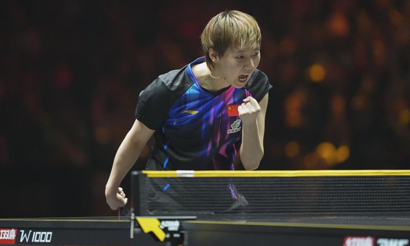 Wang Manyu reacts during the women's singles final match, Oct. 5, 2025. (Xinhua/Xie Han)
