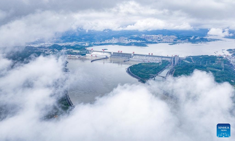 An aerial drone photo taken on Oct. 4, 2025 shows a view of the Three Gorges Dam in Yichang of central China's Hubei Province. (Xinhua/Chen Yehua)