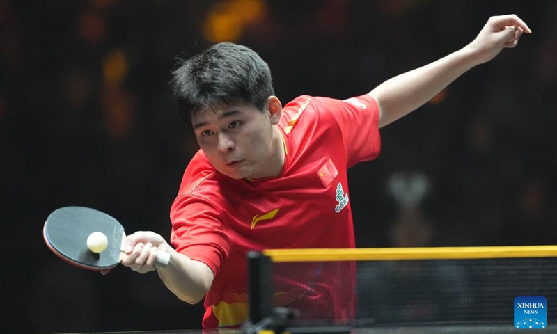Lin Shidong hits a return during the men's singles semifinal match between Lin Shidong of China and Felix Lebrun of France at 2025 World Table Tennis (WTT) China Smash in Beijing, China, Oct. 5, 2025. (Xinhua/Xie Han)