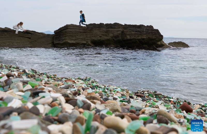 This photo taken on Oct. 5, 2025 shows a view of Glass Beach in Vladivostok, Russia. Located in Ussuri Bay on the outskirts of Vladivostok, Glass Beach was once a dumping site for discarded glassware. After decades of being washed by the sea, the glass fragments have been polished into smooth, colorful pebbles, creating a vibrant shoreline that attracts large number of tourists. (Photo by Guo Feizhou/Xinhua)
