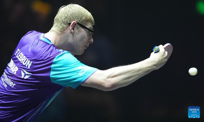 Felix Lebrun hits a return during the men's singles semifinal match between Lin Shidong of China and Felix Lebrun of France at 2025 World Table Tennis (WTT) China Smash in Beijing, China, Oct. 5, 2025. (Xinhua/Xie Han)