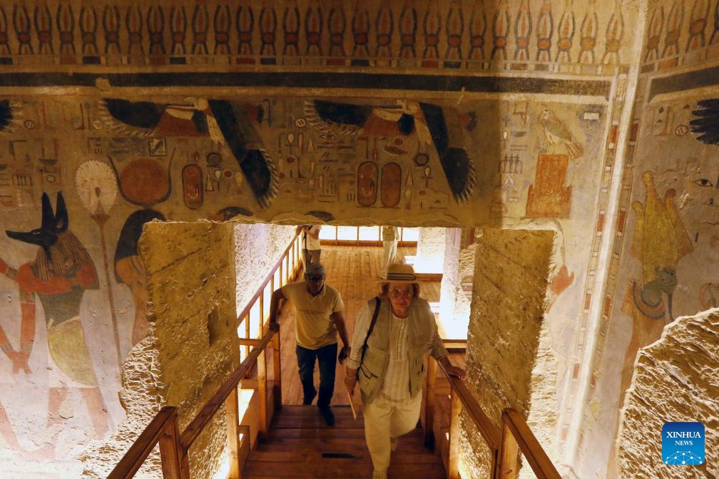 Tourists visit the tomb of New Kingdom Pharaoh Amenhotep III in the Valley of the Kings on the West Bank of Luxor, Egypt, on Oct. 4, 2025. Egypt's Ministry of Tourism and Antiquities on Saturday opened the tomb of New Kingdom Pharaoh Amenhotep III in the Valley of the Kings to visitors, following more than two decades of restoration. The tomb, belonging to Amenhotep III who ruled Egypt more than 3,500 years ago, is situated on the western side of the famed necropolis. Egyptian antiquities authorities said it was first discovered in 1799 and subsequently looted, including the sarcophagus. Photo: Xinhua