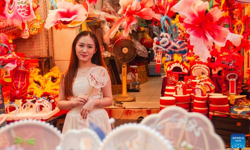A woman poses among decorations at Hang Ma Street in Hanoi, Vietnam, Oct. 3, 2025. Hanoi's Hang Ma Street is brightly decorated with lanterns and festive items for the upcoming Mid-Autumn Festival. (Photo by Dang Hong Dung/Xinhua)
