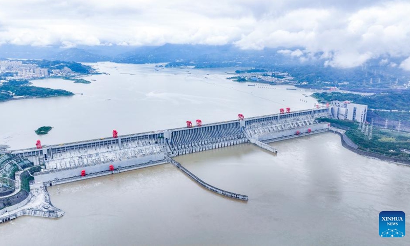 An aerial drone photo taken on Oct. 4, 2025 shows a view of the Three Gorges Dam in Yichang of central China's Hubei Province. (Xinhua/Chen Yehua)