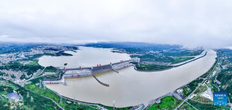 An aerial panorama photo taken on Oct. 3, 2025 shows a view of the Three Gorges Dam in Yichang of central China's Hubei Province. (Xinhua/Chen Yehua)