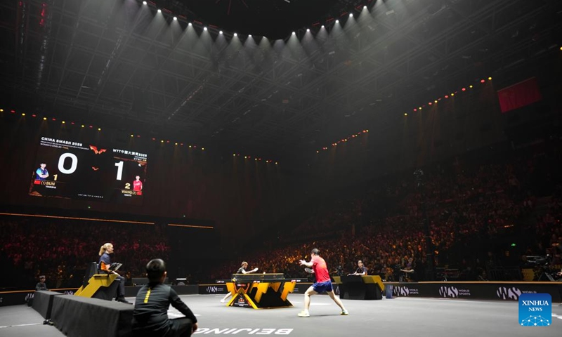 Wang Manyu and Sun Yingsha of China compete during their women's singles final match at 2025 World Table Tennis (WTT) China Smash in Beijing, China, Oct. 5, 2025. (Xinhua/Sun Fei)