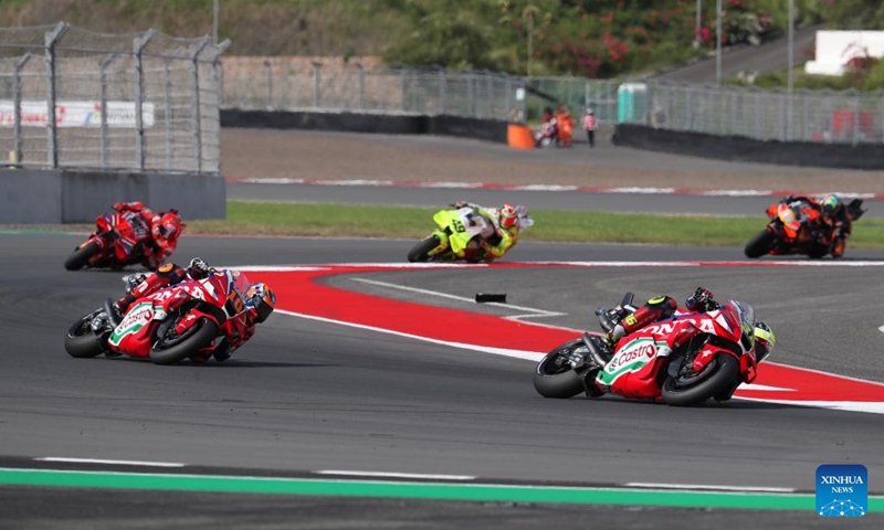 Racers compete during the Sprint Race of MotoGP at the Pertamina Grand Prix of Indonesia 2025 in Lombok Island, Indonesia on Oct. 4, 2025. Photo: Xinhua