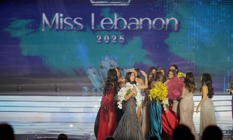 Contestants are seen on the stage in the Miss Lebanon 2025 contest in Beirut, Lebanon, on Oct. 4, 2025. Miss Lebanon is Lebanon's national beauty pageant. This year, Lebanon crowned 22-year-old Perla Harb as its beauty queen for the year 2025 during a ceremony held on Saturday evening. (Photo by Bilal Jawich/Xinhua)
