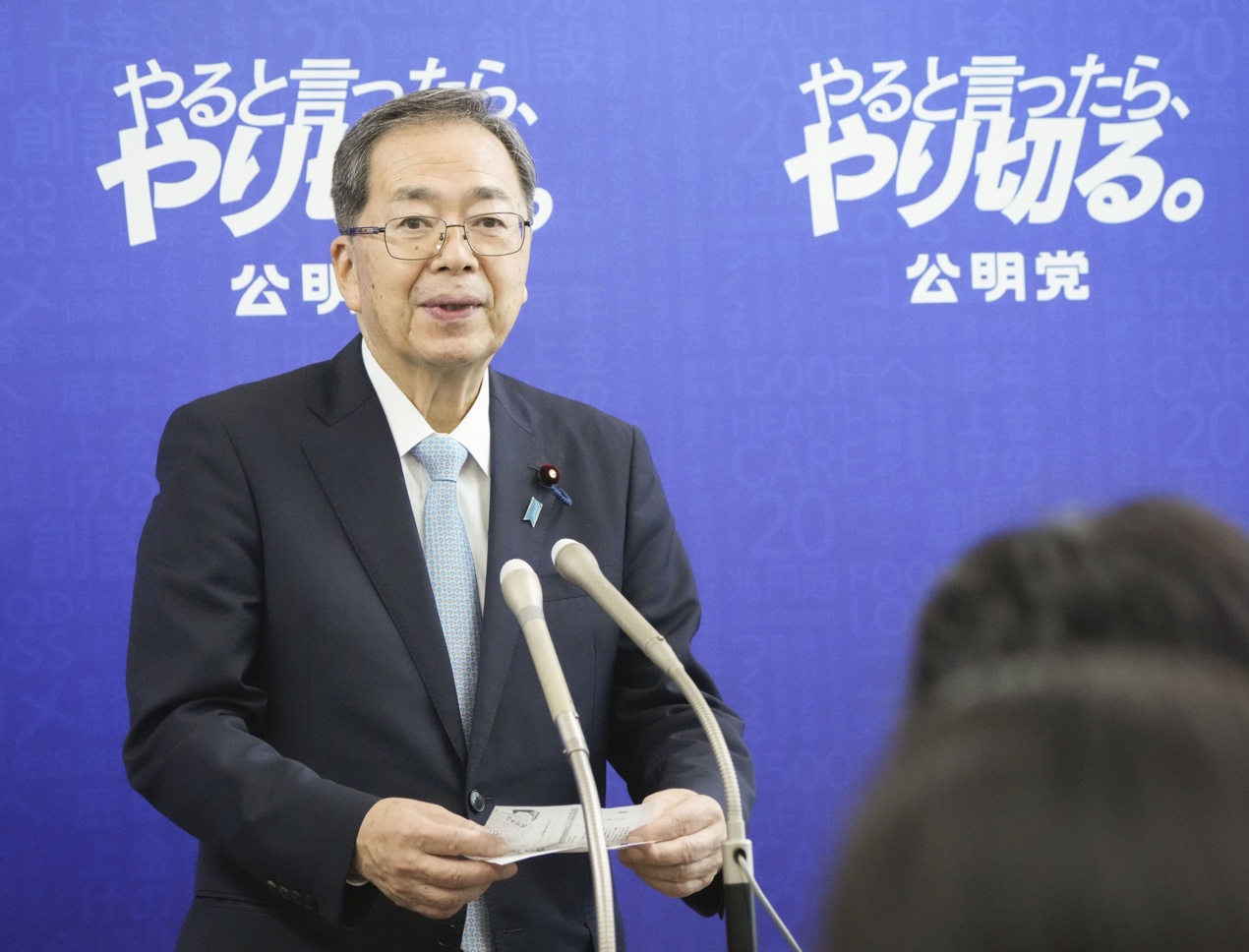 Tetsuo Saito, head of the Komeito party, speaks to reporters after holding a meeting with Shigeru Ishiba in Tokyo on September 19, 2025. Photo: VCG