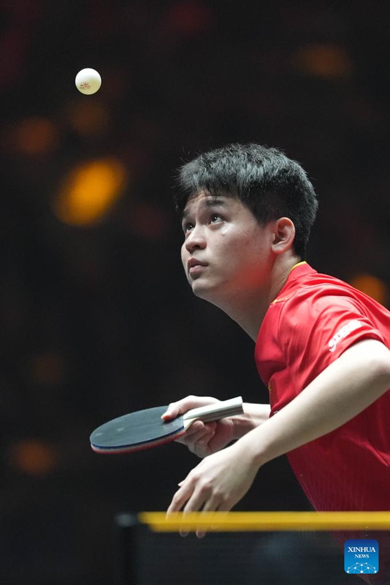 Lin Shidong serves during the men's singles semifinal match between Lin Shidong of China and Felix Lebrun of France at 2025 World Table Tennis (WTT) China Smash in Beijing, China, Oct. 5, 2025. (Xinhua/Xie Han)
