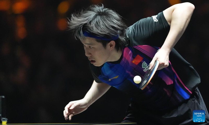 Wang Chuqin of China serves during the men's singles semifinal match between Wang Chuqin of China and Xiang Peng of China at 2025 World Table Tennis (WTT) China Smash in Beijing, China, Oct. 5, 2025. (Xinhua/Xie Han)
