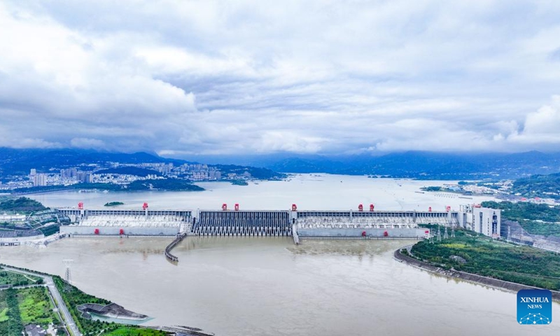 An aerial drone photo taken on Oct. 4, 2025 shows a view of the Three Gorges Dam in Yichang of central China's Hubei Province. (Xinhua/Chen Yehua)