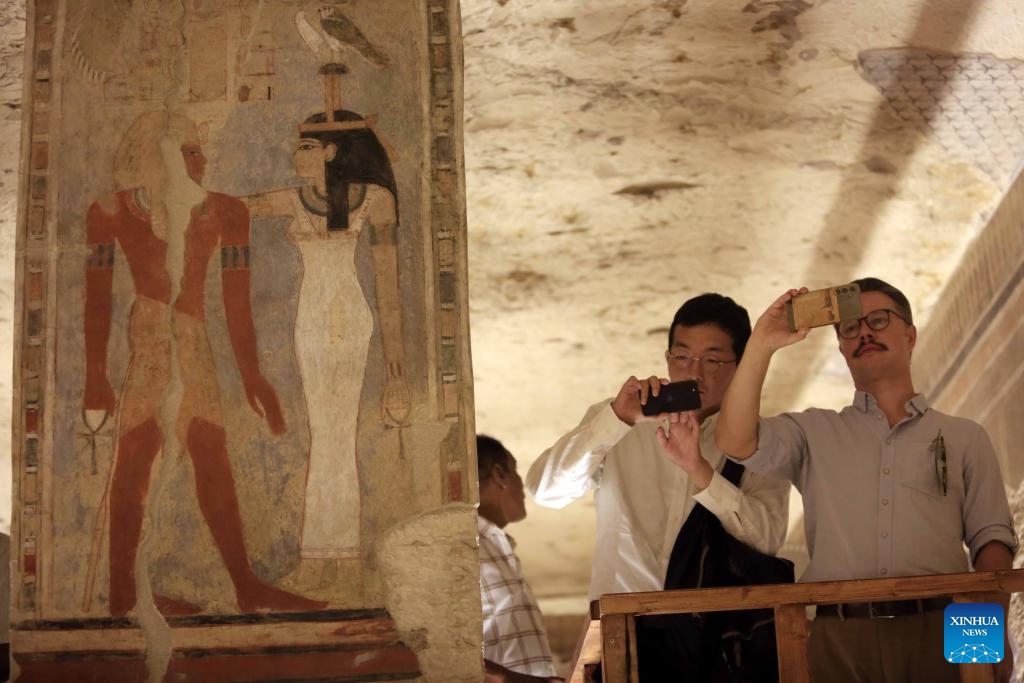 Tourists take photos while visiting the tomb of New Kingdom Pharaoh Amenhotep III in the Valley of the Kings on the West Bank of Luxor, Egypt, on Oct. 4, 2025. Egypt's Ministry of Tourism and Antiquities on Saturday opened the tomb of New Kingdom Pharaoh Amenhotep III in the Valley of the Kings to visitors, following more than two decades of restoration.

The tomb, belonging to Amenhotep III who ruled Egypt more than 3,500 years ago, is situated on the western side of the famed necropolis. Egyptian antiquities authorities said it was first discovered in 1799 and subsequently looted, including the sarcophagus. Photo: Xinhua