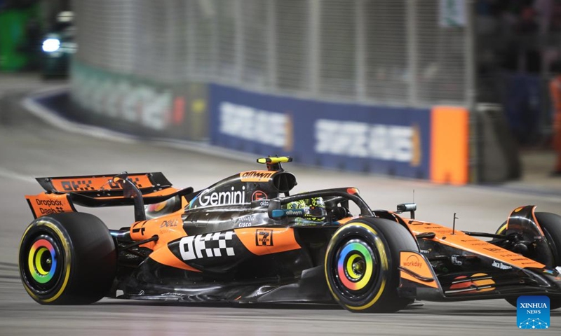 McLaren's British driver Lando Norris drives during the Formula 1 Singapore Grand Prix 2025 in Singapore, Oct. 5, 2025. (Photo by Then Chih Wey/Xinhua)
