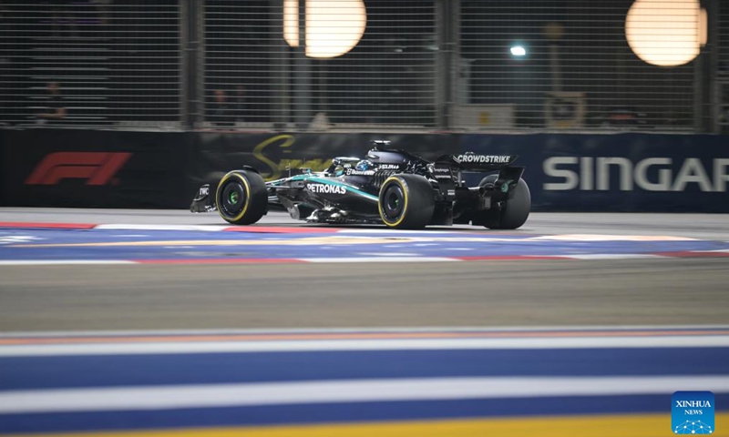 Mercedes' British driver George Russell drives during the Formula 1 Singapore Grand Prix 2025 in Singapore, Oct. 5, 2025. (Photo by Then Chih Wey/Xinhua)