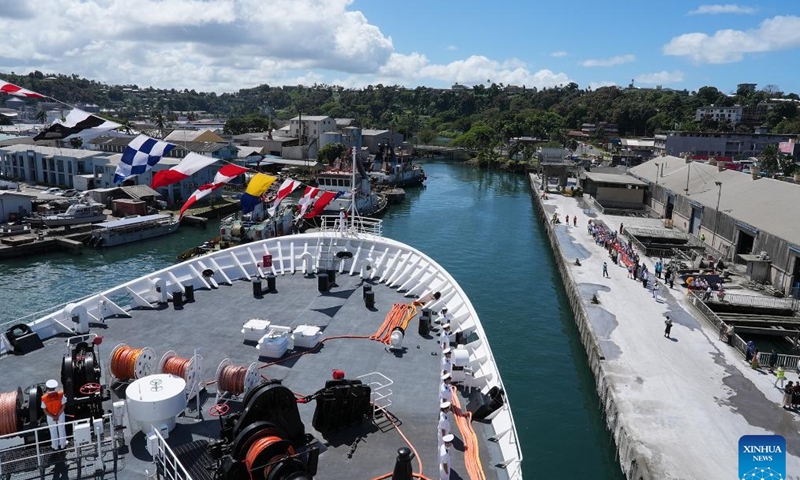 The Chinese naval hospital ship Silk Road Ark enters Suva Port in Suva, Fiji on Oct. 1, 2025. (Photo by Zhang Dongjie/Xinhua)