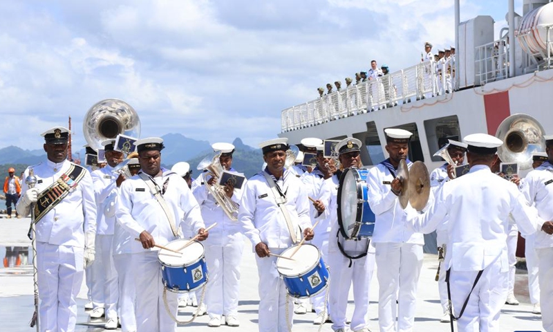 The Fiji military band performs at the welcoming ceremony, as the Chinese Naval hospital ship Silk Road Ark arrives in Suva, Fiji, on Oct. 1, 2025. (Photo by Cui Xiaoyang/Xinhua)