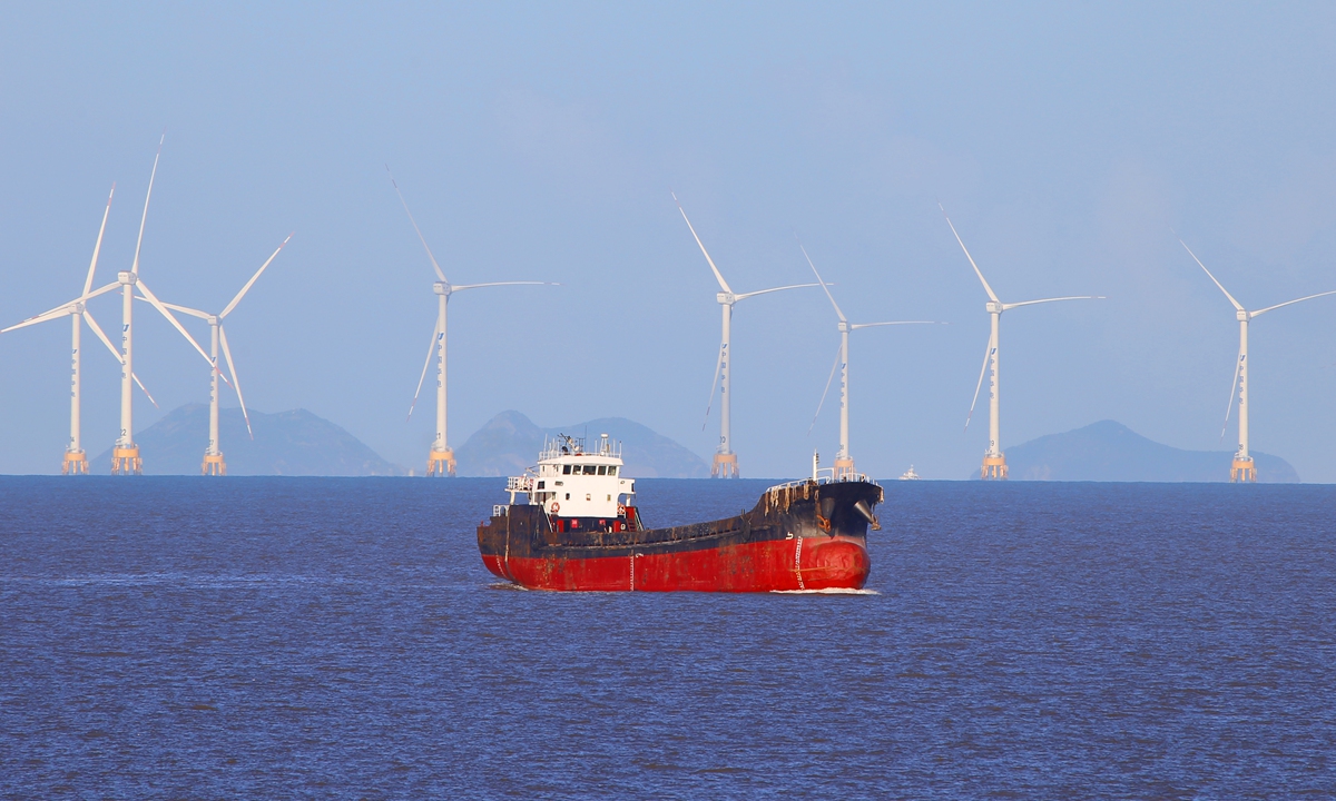 Wind turbines at an offshore wind farm operate continuously, steadily converting sea breezes into electricity and delivering it to households across the region through the State Grid in Taizhou, East China's Zhejiang Province on October 8, 2025. As of the end of August, the country's total installed wind power capacity reached 580 million kilowatts, up 22.1 percent year-on-year, according to the National Energy Administration. Photo: VCG