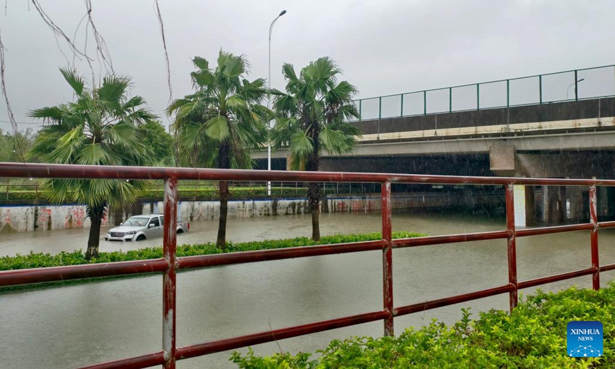 This photo taken on Oct. 6, 2025 shows a waterlogged area in Qinzhou City, south China's Guangxi Zhuang Autonomous Region. Typhoon Matmo, the 21st named storm of the 2025 Pacific typhoon season, made landfall along the coast of Guangxi on Monday, bringing strong winds and heavy rainfall. (Photo by Ao Shuaichang/Xinhua)