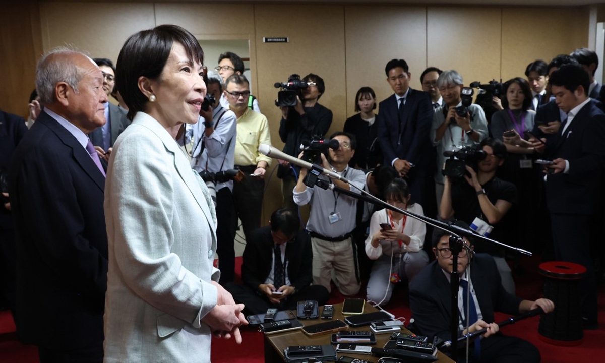 New Liberal Democratic Party (LDP) President Sanae Takaichi speaks to media after meeting with Komeito leader Tetsuo Saito at LDP headquarters in Tokyo on October 7, 2025. Photo: VCG