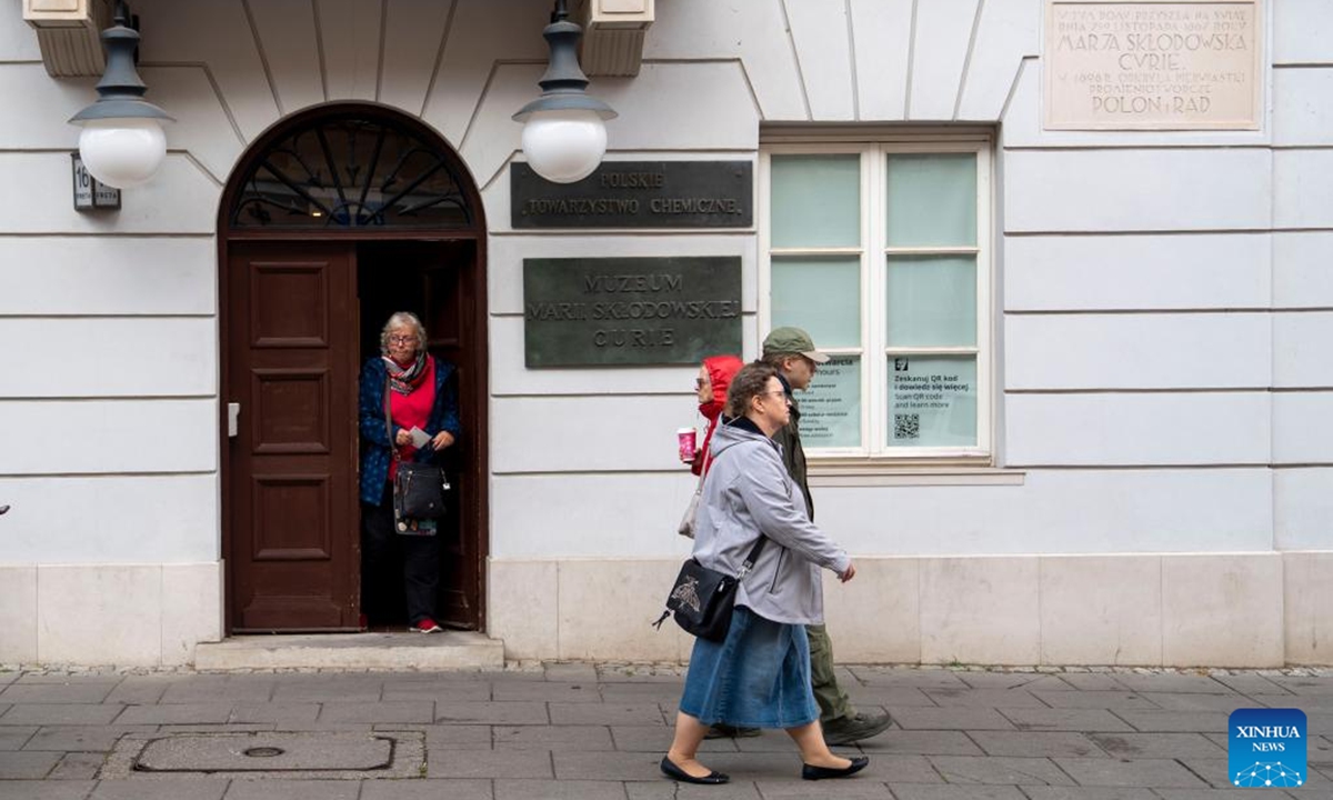 This photo taken on Oct. 7, 2025 shows the exterior view of the Maria Sklodowska-Curie Museum in Warsaw, Poland. The Maria Sklodowska-Curie Museum displays her personal belongings, letters, photographs and research instruments, tracing her journey from Warsaw to Paris and her remarkable scientific achievements. (Xinhua/Xia Yuanyi)