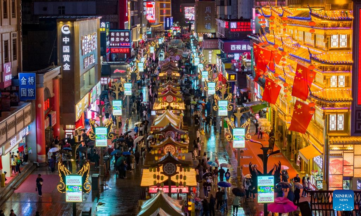 An aerial drone photo taken on Oct. 5, 2025 shows people visiting the Drum Tower pedestrian street in Yinchuan, capital city of northwest China's Ningxia Hui Autonomous Region. Photo: Xinhua