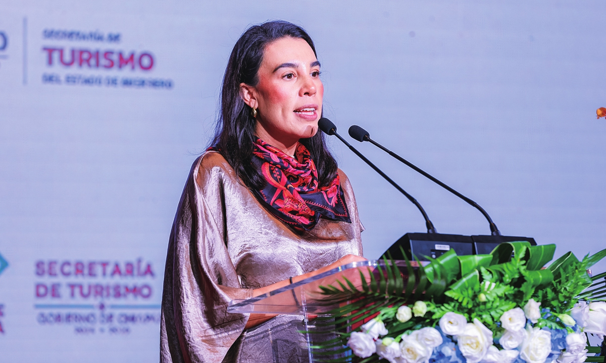 The Secretary of Tourism of Mexico, Josefina Rodríguez Zamora, gives a speech at the Mexico Tourism Fair in China 2025 in Beijing on September 25, 2025. Photo: Courtesy of the Embassy of the United Mexican States in China