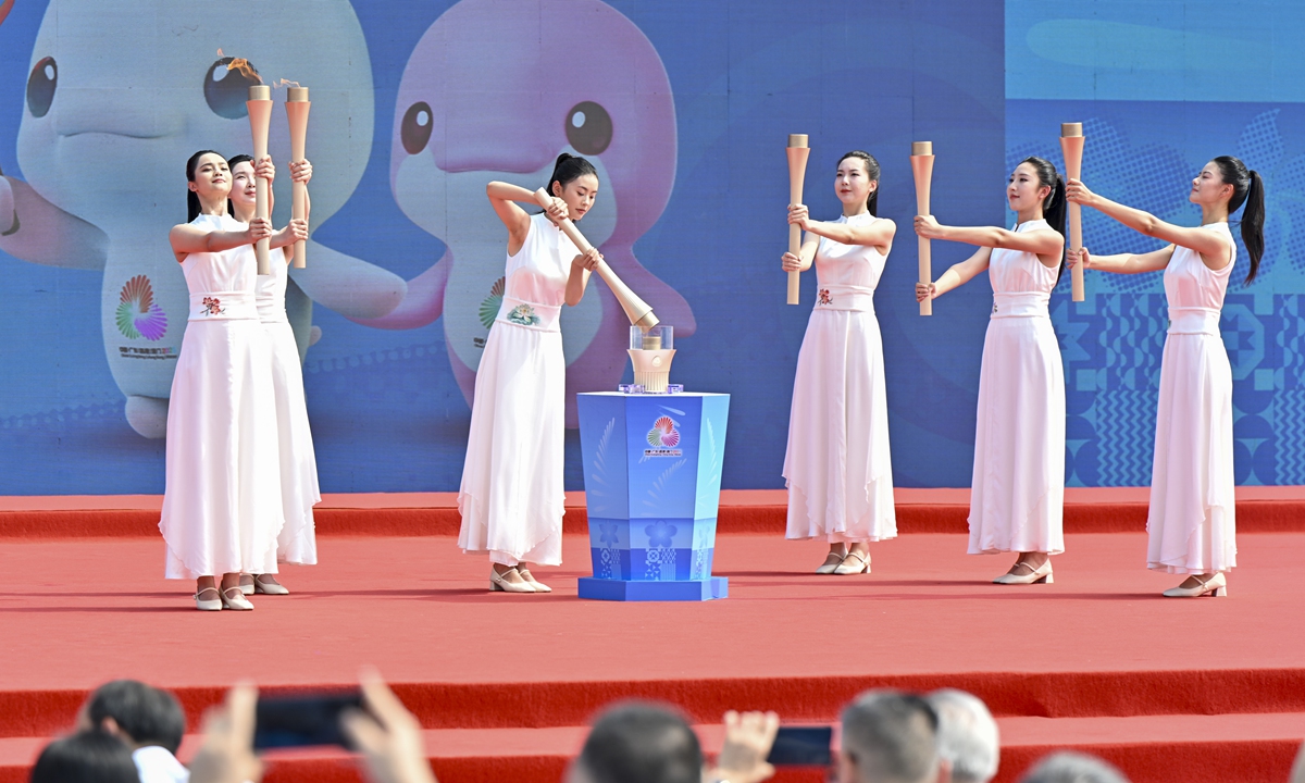 The flame lighting ceremony for China's 15th National Games, the 12th National Games for Persons with Disabilities and the 9th National Special Olympic Games is held in Guangzhou, the capital of South China's Guangdong Province, on October 9, 2025. The flame used fire sourced from methane hydrate, or combustible ice, harvested from a depth of 1,522 meters in the South China Sea (See story on Page 4). Photo: cnsphoto
