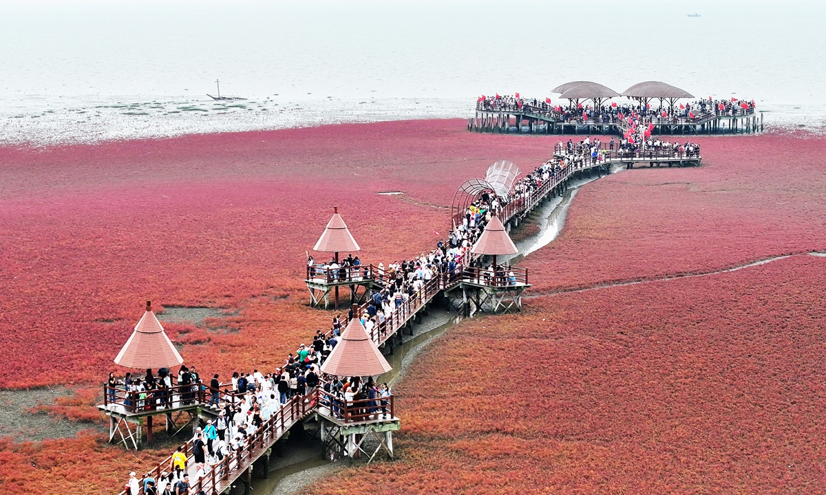 Tourists visit the Red Beach National Scenic Corridor in Panjin, Northeast China's Liaoning Province, on October 3, 2025. Photos on this page: VCG
