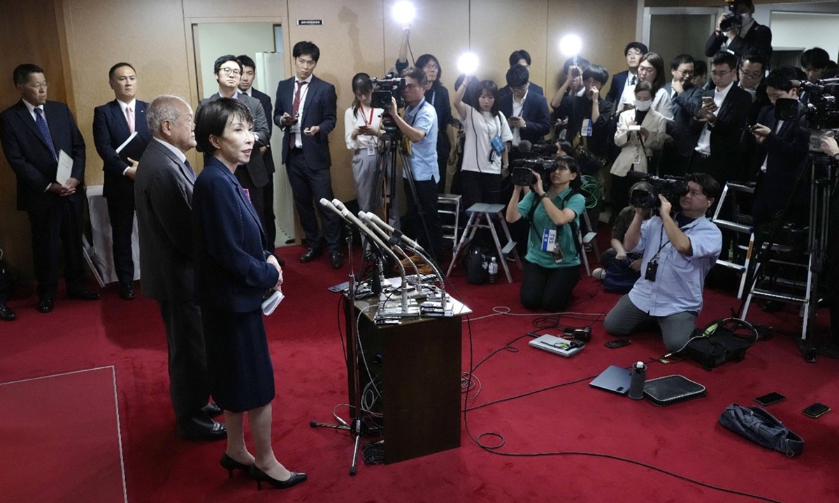 LDP's new President Takaichi Sanae meets the press on October 10, 2025 after the head of Japan's Komeito has told the leader of the Liberal Democratic Party (LDP) that his party will quit the ruling coalition. Photo: IC 