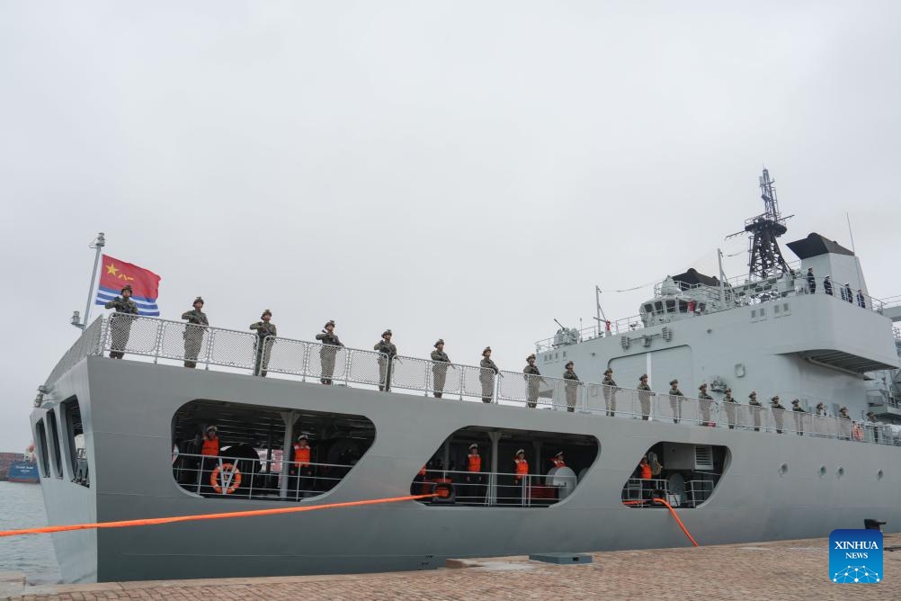 Special forces members stand in formation at a port in Qingdao, east China's Shandong Province, Oct. 11, 2025. A new fleet of the Chinese People's Liberation Army Navy set sail from a military port in Qingdao, east China's Shandong Province, on Saturday to take over an escort mission from the previous fleet in the Gulf of Aden and waters off Somalia. This 48th navy fleet comprises a missile destroyer, a missile frigate and a supply vessel -- with two helicopters and dozens of special forces members on board. (Photo: Xinhua)
