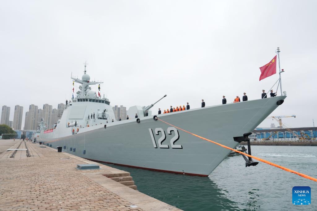 Guided-missile destroyer Tangshan sets sail at a port in Qingdao, east China's Shandong Province, Oct. 11, 2025. A new fleet of the Chinese People's Liberation Army Navy set sail from a military port in Qingdao, east China's Shandong Province, on Saturday to take over an escort mission from the previous fleet in the Gulf of Aden and waters off Somalia. This 48th navy fleet comprises a missile destroyer, a missile frigate and a supply vessel -- with two helicopters and dozens of special forces members on board (Photo: Xinhua)