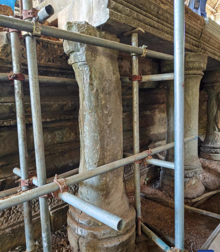 This photo taken on Oct. 17, 2025 shows the restoration site of the front terrace of the Banteay Samre Temple in Siem Reap province, Cambodia. Archaeologists have been restoring the ruined front terrace of the Banteay Samre Temple in Cambodia's Angkor Archaeological Park, the APSARA National Authority (ANA) said in a news release on Tuesday. (ANA/Handout via Xinhua)