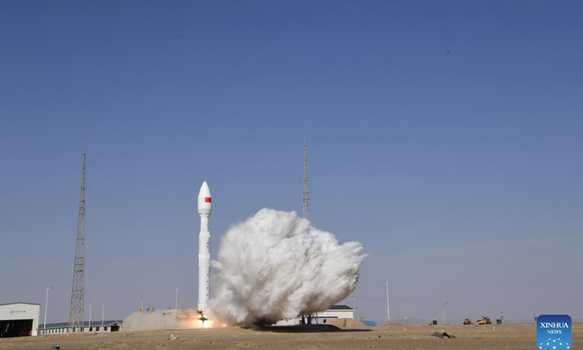The Lijian-1 Y8 carrier rocket with three satellites blasts off from a commercial aerospace innovation pilot zone in northwest China, Oct. 19, 2025. China on Sunday launched the Lijian-1 Y8 carrier rocket with three satellites onboard. The rocket blasted off at 11:33 a.m. (Beijing Time) from a commercial aerospace innovation pilot zone in northwest China and successfully sent the satellites into the planned orbit. The three satellites are Pakistan remote-sensing satellite (PRSS-2), AIRSAT 03 and 04 satellites. (Photo by Wang Jiangbo/Xinhua)
