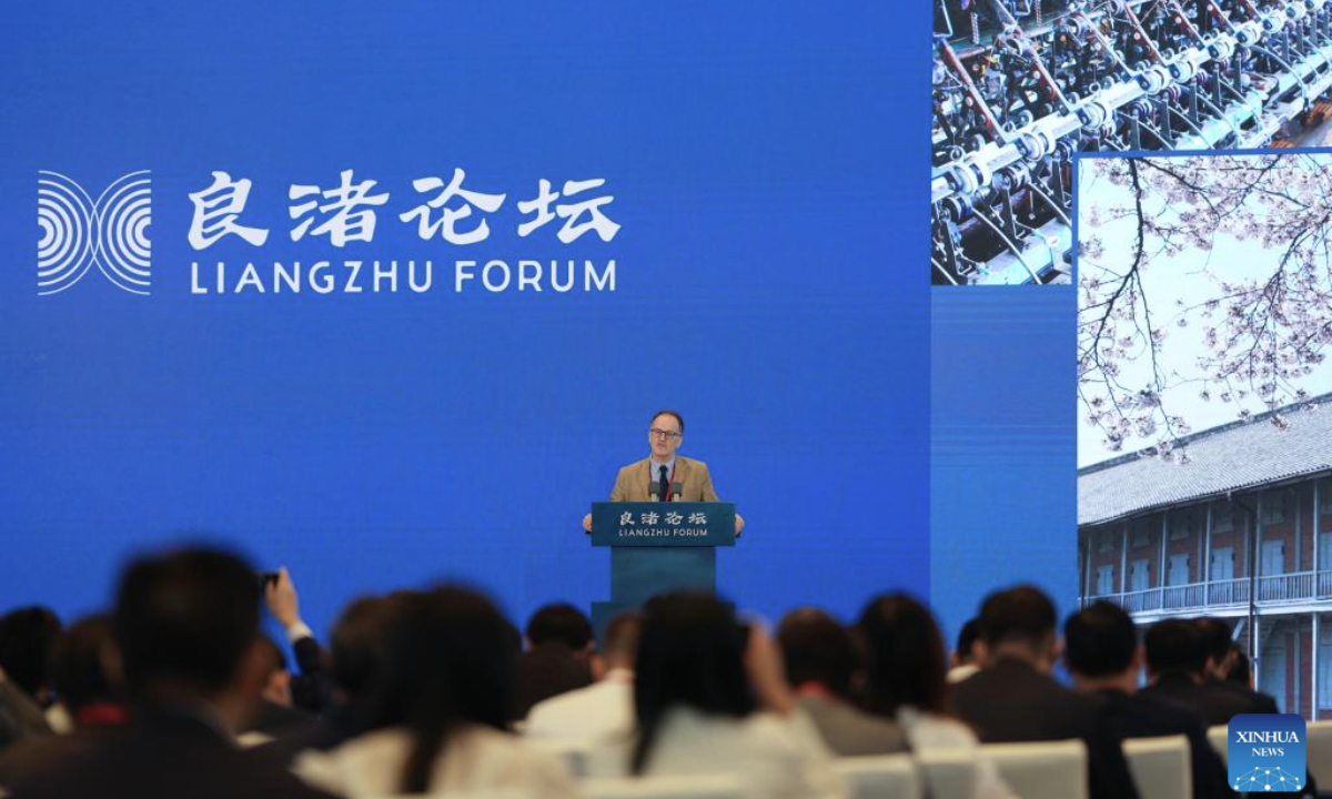 Tim Winter, research cluster leader of Inter-Asian Engagements at the Asia Research Institute of National University of Singapore, and fellow of the Australian Academy of the Humanities, delivers a keynote speech during the third Liangzhu Forum in Hangzhou, east China's Zhejiang Province, Oct. 18, 2025. Themed on Revitalization of Civilization: Cultural Heritage and Human Culture Diversity, the third Liangzhu Forum opened here on Saturday. (Xinhua/Huang Zongzhi)