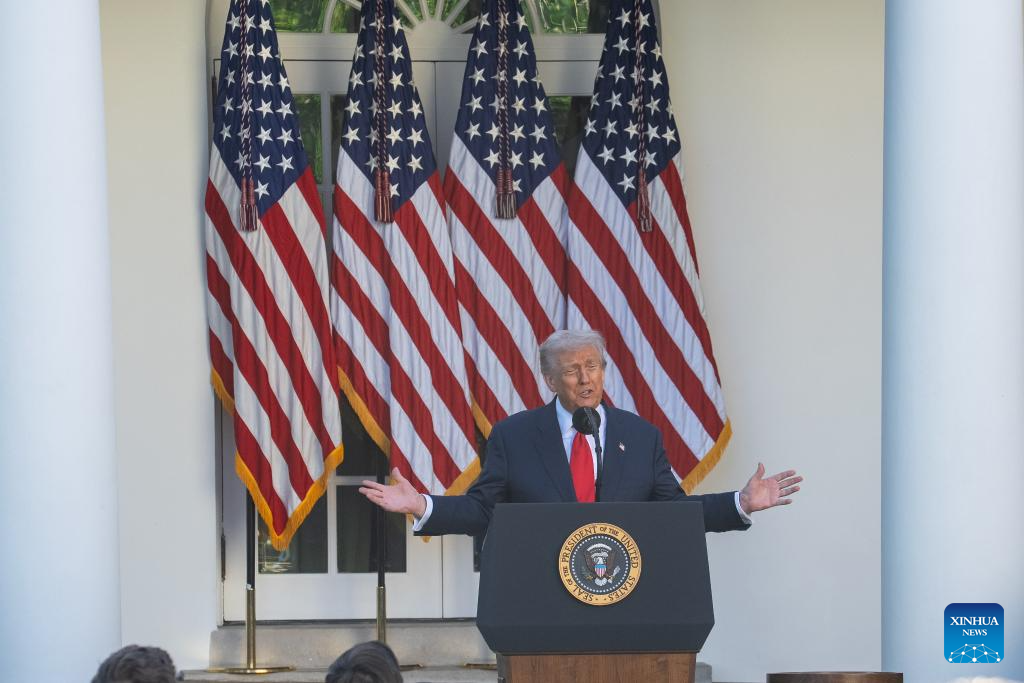 U.S. President Donald Trump speaks during a ceremony to posthumously award the Presidential Medal of Freedom to Charlie Kirk, in the Rose Garden of the White House, in Washington, D.C., the United States, Oct. 14, 2025. (Xinhua/Hu Yousong)