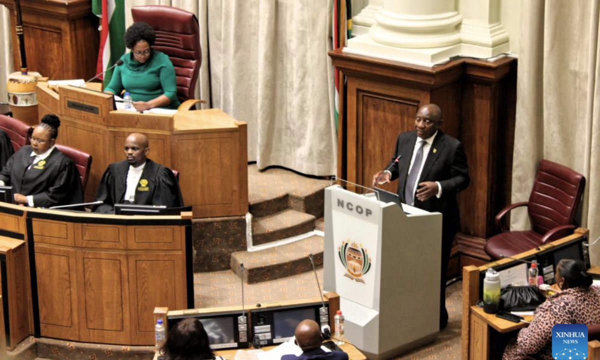 South African President Cyril Ramaphosa speaks while responding to questions in the National Council of Provinces in Parliament, in Cape Town, South Africa, Oct. 14, 2025. Ramaphosa said on Tuesday that while the recent peace agreement concerning Gaza is welcome, it will not affect the country's case against Israel at the International Court of Justice. (Photo by Shakirah Thebus/Xinhua)