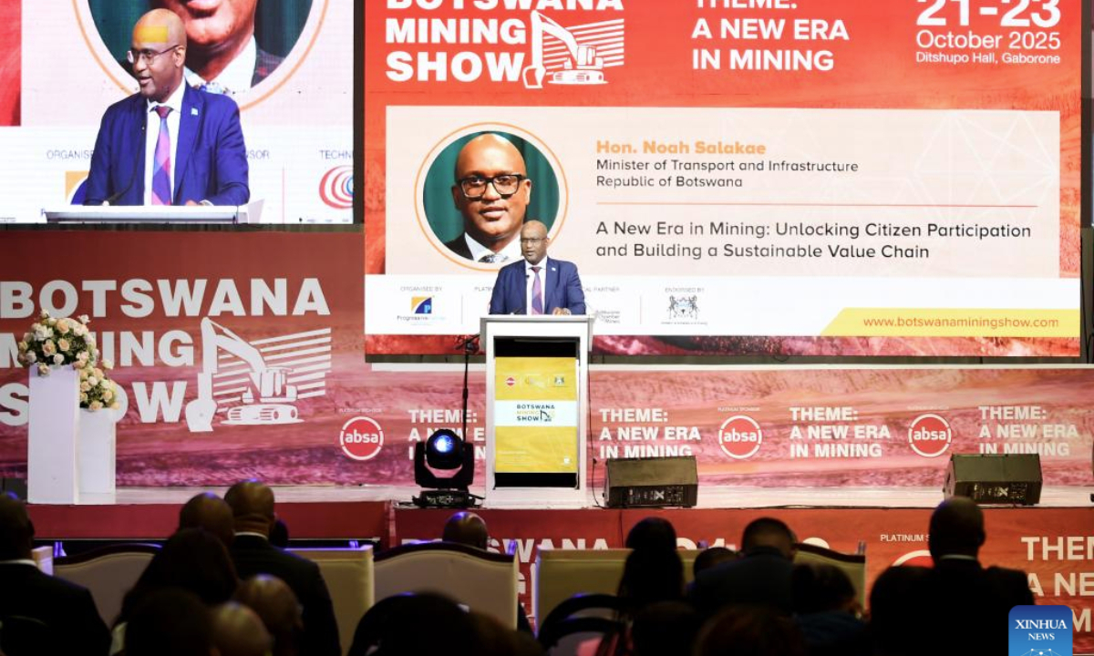 Botswana's Minister of Transport and Infrastructure Noah Salakae speaks at the opening of the Botswana Mining Show in Gaborone, Botswana, Oct. 21, 2025. (Photo by Tshekiso Tebalo/Xinhua)