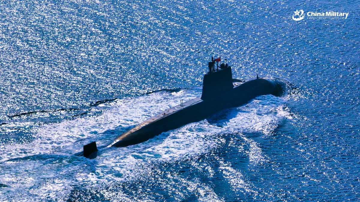 A submarine attached to a flotilla under the Chinese PLA Navy steams towards the designated area during a combat training exercise on September 25, 2025. (eng.chinamil.com.cn/Photo by Zhang Nan)