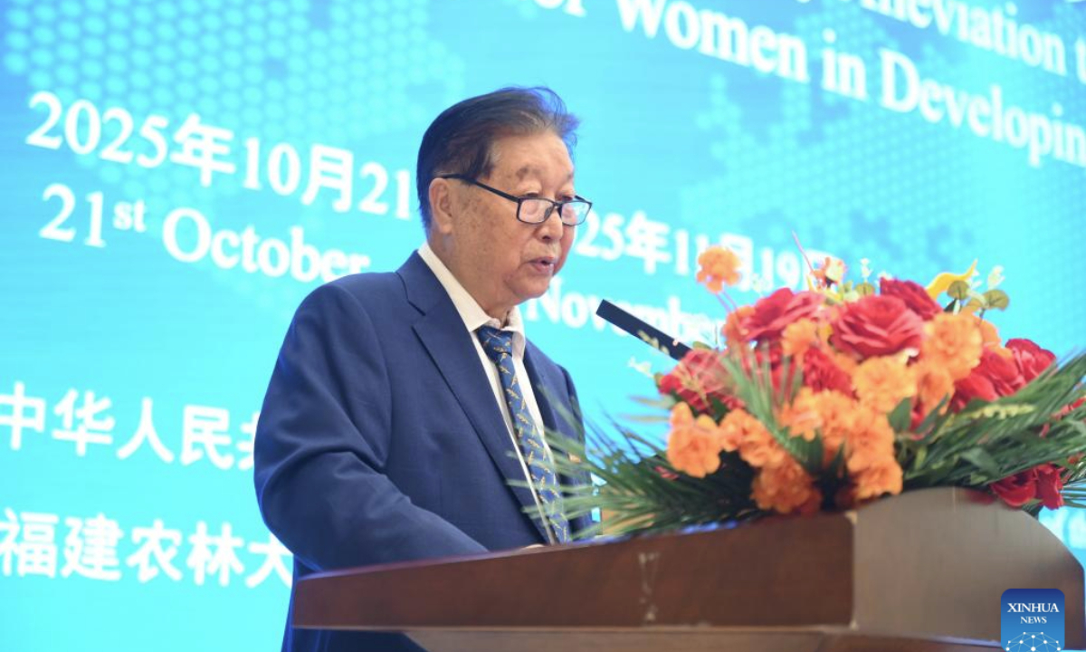 Lin Zhanxi, a professor of Fujian Agriculture and Forestry University, speaks at the opening ceremony of the training course on poverty alleviation through Juncao technology for women in developing countries in Fuzhou, southeast China's Fujian Province, Oct. 21, 2025.

More than 20 trainees from countries including South Africa, Egypt and Rwanda participate in the training course, which will last until Nov. 19. Originally developed and used for mushroom farming in China, Juncao is a hybrid grass and a valuable multifunctional agricultural resource. The innovation, invented by Lin Zhanxi in the 1980s, has benefited over 100 countries. (Xinhua/Lin Shanchuan)