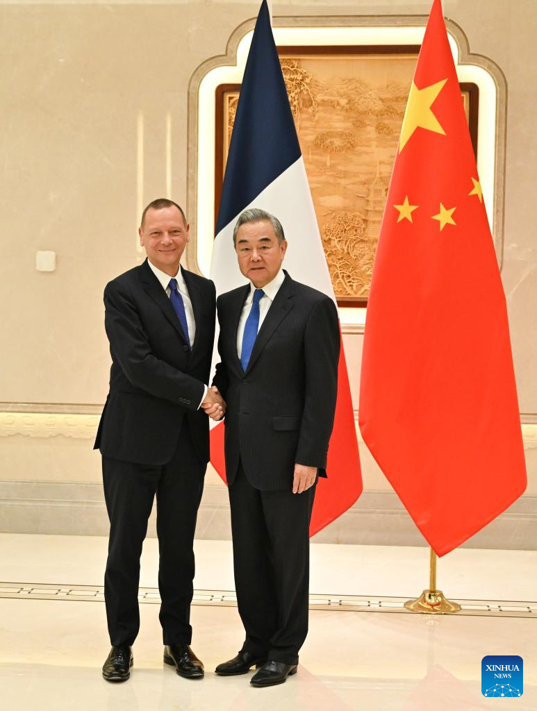 Wang Yi, a member of the Political Bureau of the Communist Party of China Central Committee and director of the Office of the Central Commission for Foreign Affairs, co-chairs the 27th China-France Strategic Dialogue with Emmanuel Bonne, diplomatic adviser to the French President, in Hangzhou, east China's Zhejiang Province, Oct. 15, 2025. (Xinhua/Dai Tianfang)